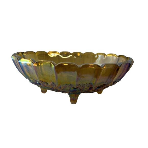 Indiana Glass Iridescent Carnival Amber Glass Oval Fruit Bowl Footed Vintage - Picture 1 of 10